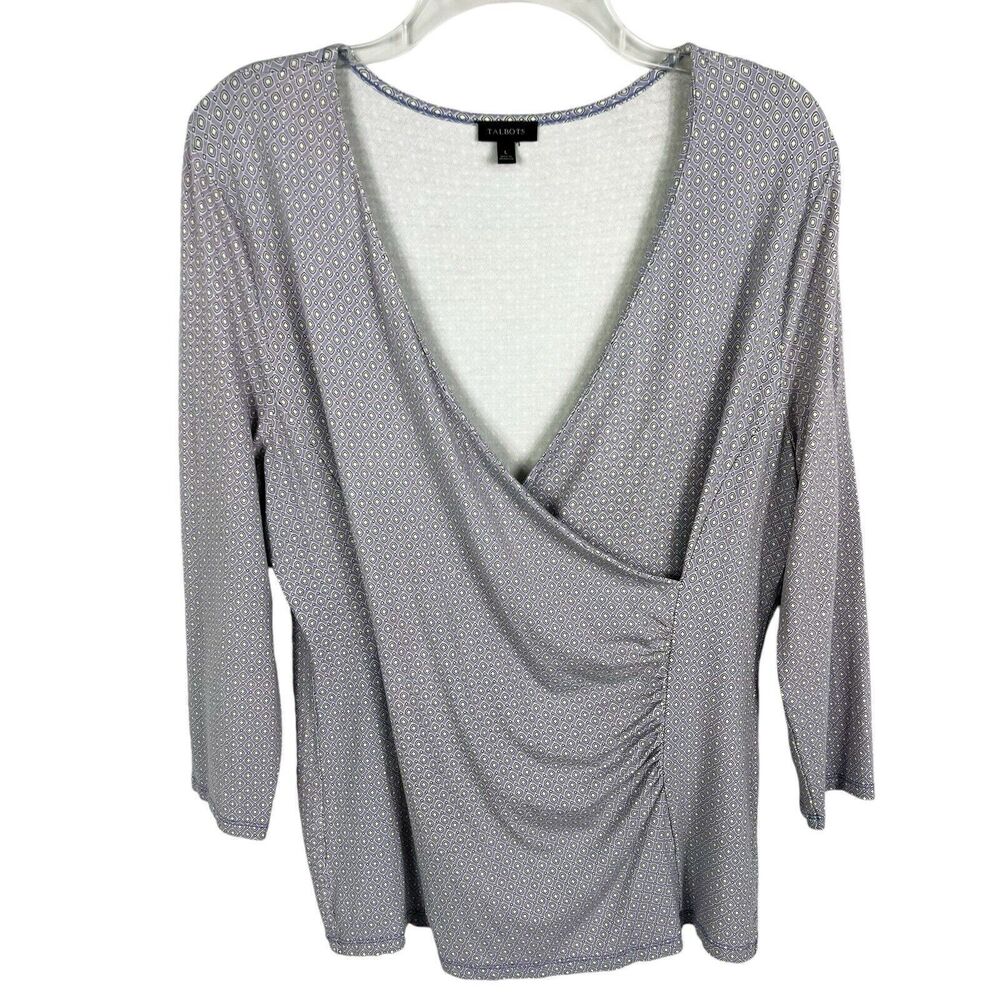 Talbots Purple Geo Print 3/4 Sleeve Ruched V-Neck Top Women’s Large